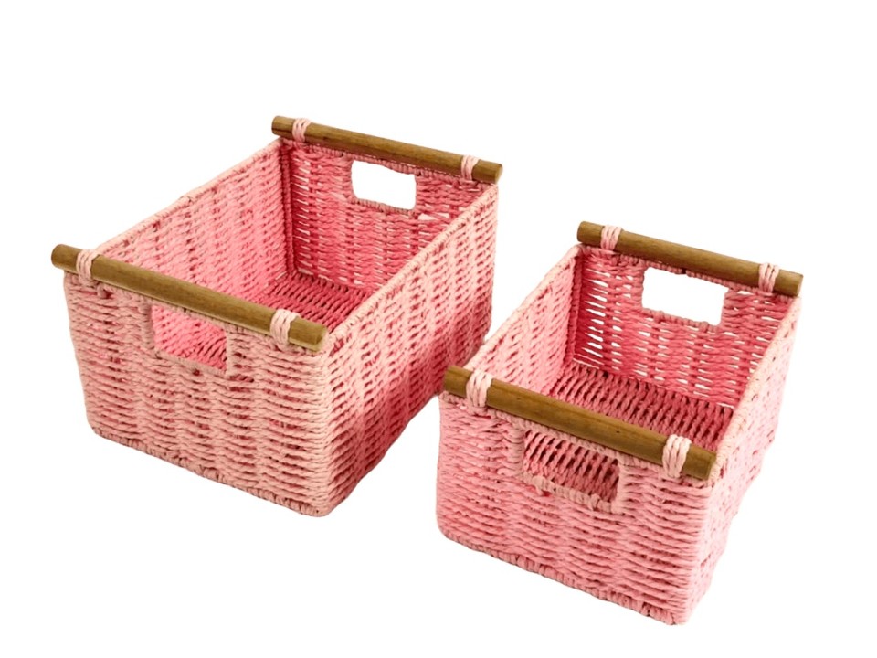 Exquisite Rectangular Pink Paper Cord Basket Set with Wooden Handles
